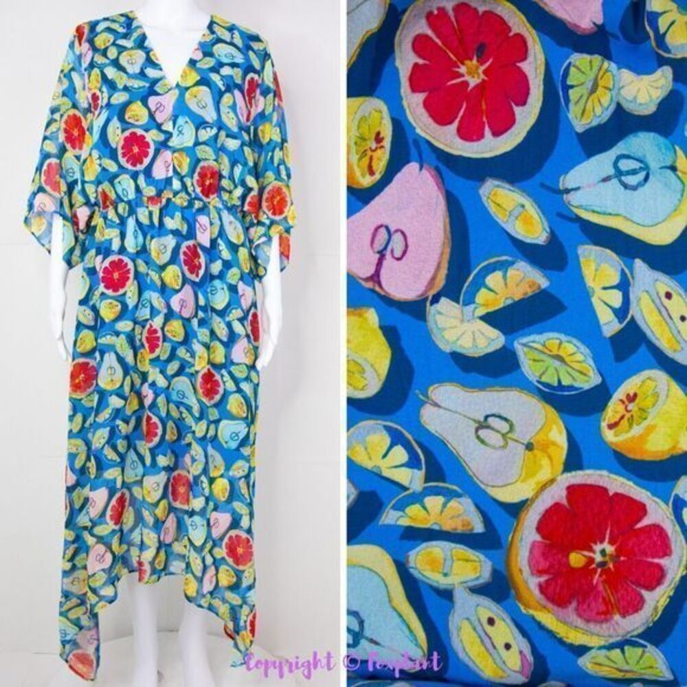 Hutch Anthropologie summer fruit‎ shark bit hem kimono sleeve dress, XL